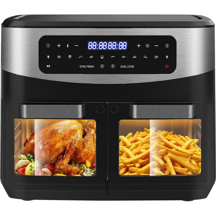 Comfy Mate Heißluftfritteuse Dual Zone Airfryer, 12L, 2200 W, mit Sichtfenster, LED-Touch, 10 Programmen, gesund & fettarm, Doppelkammer, Indoor-BBQ