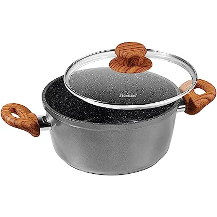 STONELINE Back to Nature Kochtopf 20 cm, mit Glasdeckel, Made in Germany, fettfreies Braten, echte Steinpartikel, Induktion, Grau – Bild 1