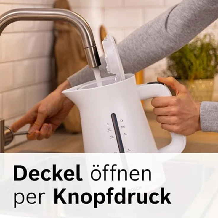 Bosch kabelloser Wasserkocher My Moment TWK3M121, Abschaltautomatik, Überhitzungsschutz, Tassenanzeige, beidseitige Wasserstandsanzeige, entnehmbarer Kalkfilter, 1,7 L, 2400 W, Weiß matt – Bild 5