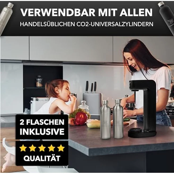 Luckymoose Infinity Wassersprudler mit 2x 1,25L Edelstahlflaschen - Spart bis zu 25% CO2 dank Stopp-Automatik - Flaschen spülmaschinenfest & ohne Ablaufdatum, Pink nicht passend – Bild 4