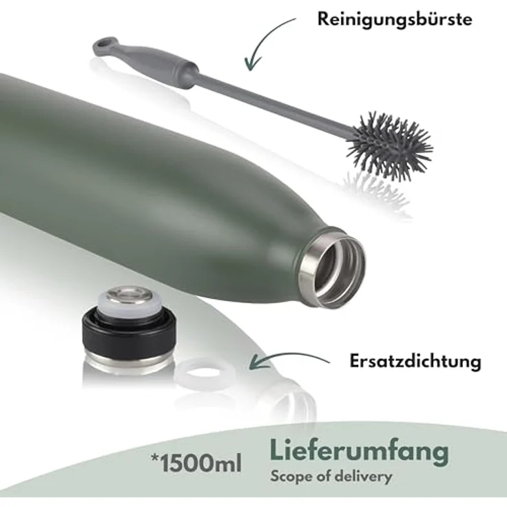 Milu Edelstahl Trinkflasche 1.5L, doppelwandige Thermosflasche, auslaufsicher, für kohlensäurehaltige Getränke, Olivgrün, inkl. Reinigungsbürste – Bild 5