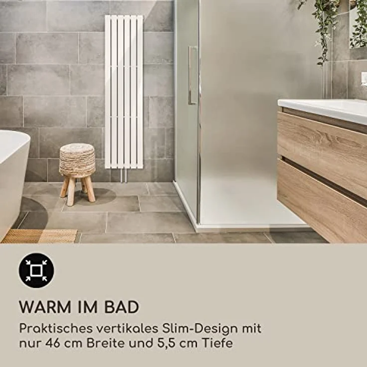 Blumfeldt Badheizkörper, Design Heizkörper Flach, Sparsamer Flachheizkörper Vertikal, Wand-Röhrenheizungen, 485 W Vertikal Heizkörper mit Thermostat, Wandheizkörper für Badezimmer & Wohnzimmer – Bild 2