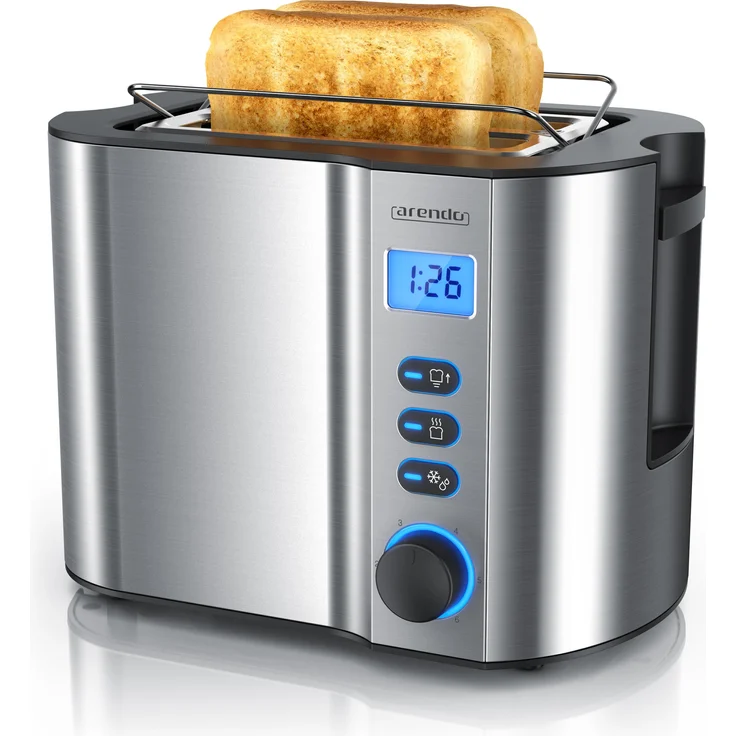 Arendo Toaster Edelstahl 2 Scheiben Kurzschlitz, Display mit Restzeitanzeige, Doppelwand, Brötchenaufsatz, Toaster, Silber