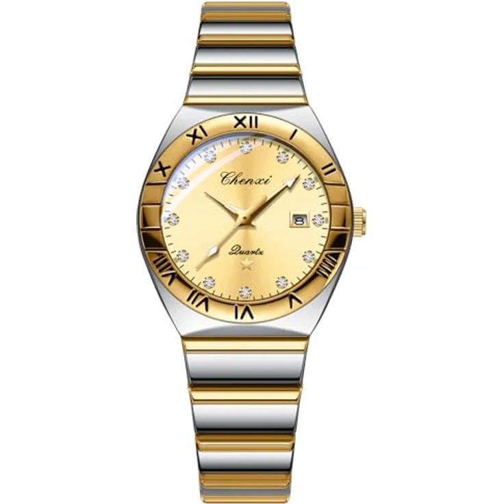 JewelryWe Damenuhr Edelstahl Analog Quarz, 30m wasserdicht, Kalender, römische Ziffern, gold/silber mit Strassskala & rundem goldenem Zifferblatt – Bild 1
