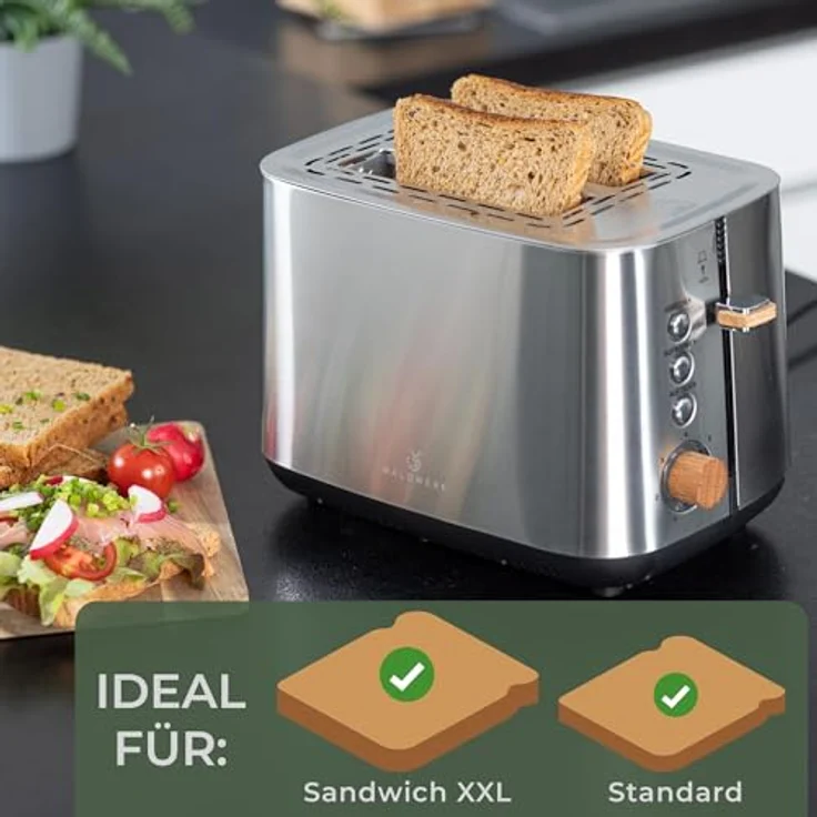WALDWERK Design Toaster aus 304 Edelstahl und Eichenholz, für 2 Scheiben mit Brötchenaufsatz, extra breite und tiefe Toastkammern, mit Krümelschublade – Bild 2