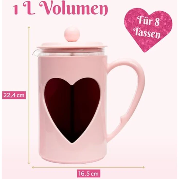 FACKELMANN Paris Hilton – French Press im Herzdesign 1L – Kaffeepresse aus Glas und Kunststoff mit Edelstahlfilter, Cool-Touch-Griff, Tropffrei, Temperaturbeständig, Rot Oder Rosa – Bild 2