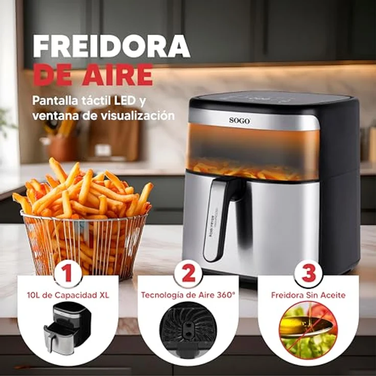 Sogo Heißluftfritteuse Vision PRO1700, 1700 W, 10 Kochfunktionen, digitales Rezeptbuch, Keramikbeschichtung – Bild 2