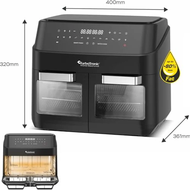 TurboTronic by Z-Line Heißluftfritteuse 12L, Fettfrei ohne Öl, 10 Programme, Power Camping Retro digital Airfryer DAF7W, Schwarz – Bild 4