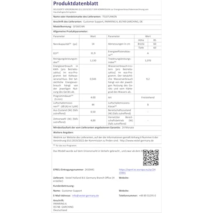 Telefunken GFS6014AI Geschirrspüler, freistehend, 60 cm, 14 Maßgedecke, 9 Programme, Edelstahl-Spülbehälter, unterbaufähig, leise 44 dB, Energieeffizienzklasse A – Bild 13