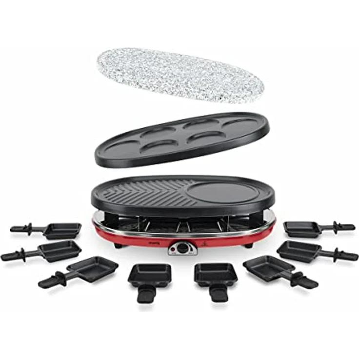 H.Koenig RP418 Raclette-Gerät 4 in 1 - 8 Personen - Raclette, Natursteingrill, Crepe-Platte und Grillplatte - mit 8 Pfännchen - 1500 W - schwarz-rot – Bild 2