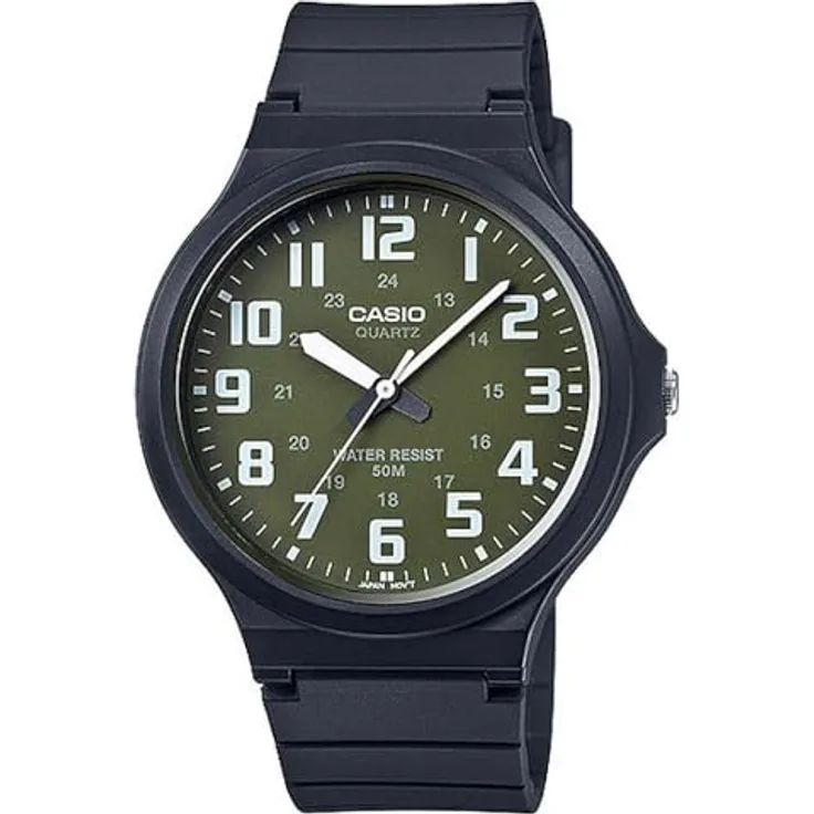Casio Watch MW-240-3BVDF, Analoge Quarzuhr für Herren in Schwarz mit grünem Zifferblatt