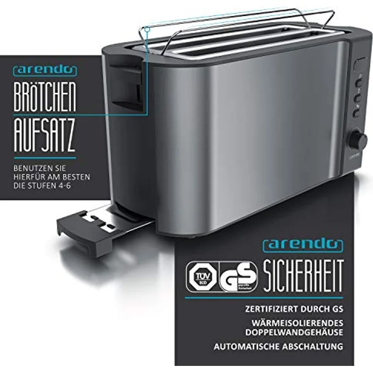 Arendo Edelstahl Toaster Langschlitz 4 Scheiben - Defrost Funktion - wärmeisolierendes Gehäuse - mit integrierten Brötchenaufsatz - 1500W - Krümelschublade - Display mit Restzeitanzeige - Cool Grey – Bild 2