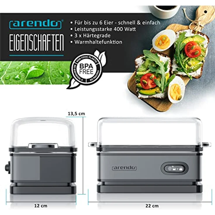 Arendo Eierkocher Sixcook Edelstahl mit Warmhaltefunktion - Kipp-Funktionsschalter mit Indikationsleuchte - frei wählbarer Härtegrad - rostfreier gebürsteter Edelstahl - BPA-frei - in Cool Grey – Bild 2