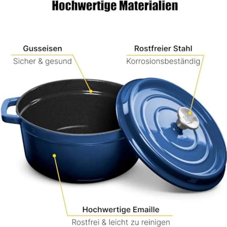 GRAND FEU Emaillierter Schmortopf aus Gusseisen, 4.7L, Dunkelblau, ideal zum Schmoren und Backen, hitzebeständig bis 300°C, mit Deckel und breiten Griffen – Bild 2