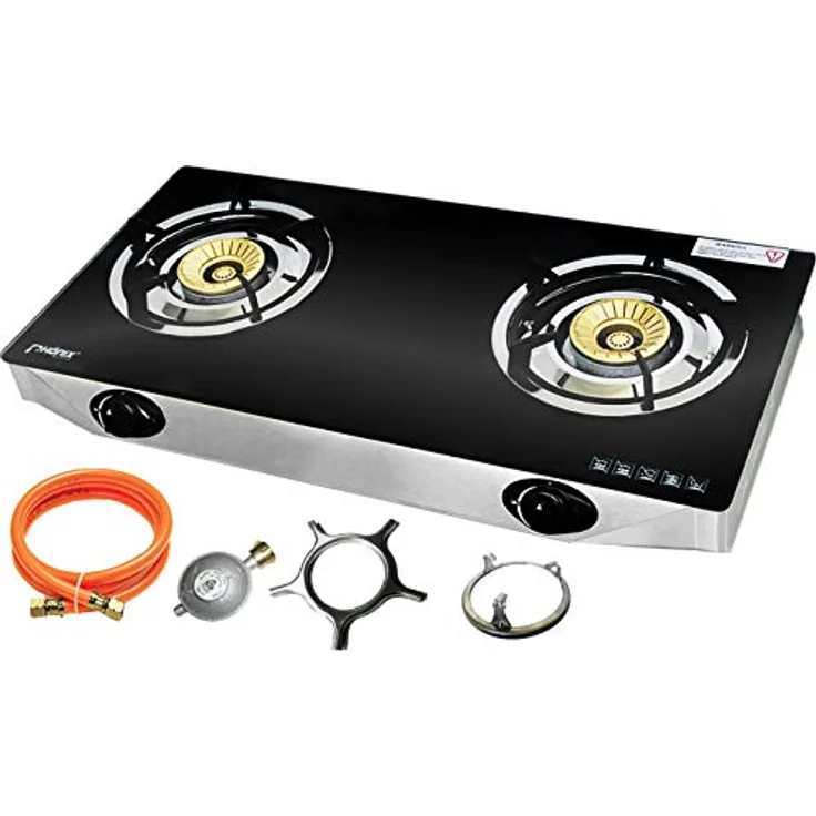 Phönix PS2 Gaskocher 2 flammig Propan 8 KW Glas Kochfeld Gasherd mit Zündsicherung inkl. Gasschlauch-Regler Set – Bild 1