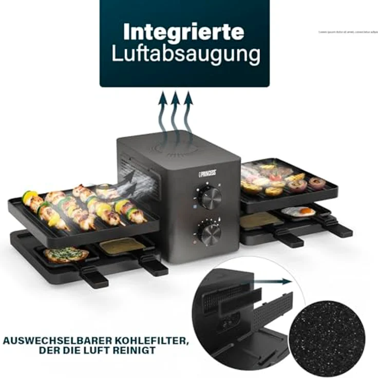 Princess Raclette Purify, 8 Personen, Integriertes Luftfiltersystem, Verstellbarer Thermostat, Spülmaschinenfeste Teile, Antihaftbeschichtung, Modernes Design, Überhitzungsschutz, 162660 – Bild 4