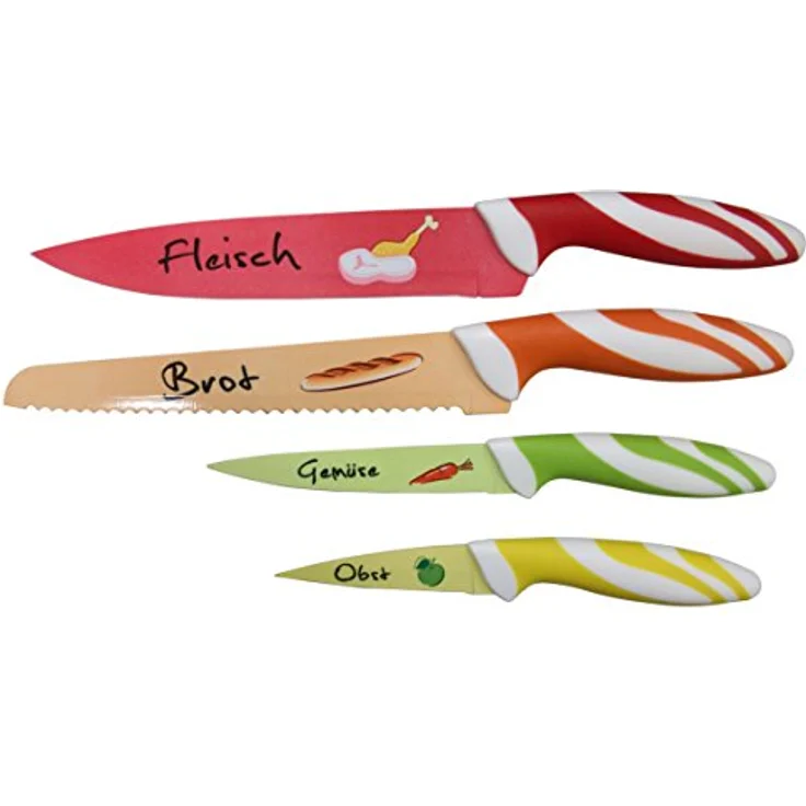 axentia 175478 Messerset 4-teilig, buntes Küchenmesser-Set mit Motiven, Fleischmesser, Brotmesser, Gemüsemesser, Obstmesser, Edelstahl-klingen und Softgriff – Bild 1
