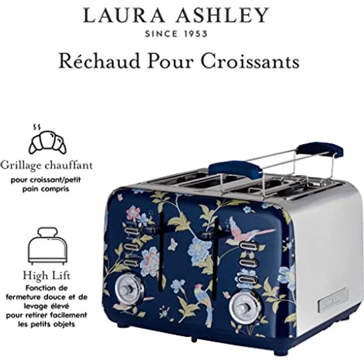 VQ Laura Ashley 4-Scheiben-Toaster Elveden Marine, Edelstahl-Vintage-Toaster mit Heiz-, Auftau- und Aufwärmmodi, inklusive Aufsatz zum Aufwärmen von Croissants – Bild 5