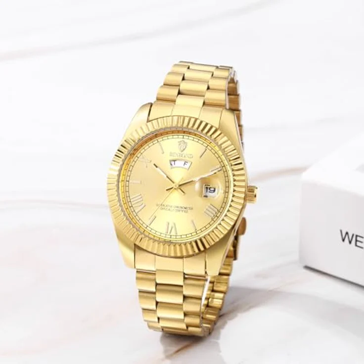 JewelryWe Herrenuhr Edelstahl Analog Quarz, 30m wasserdicht, mit Leuchtzeigern und Gold römischen Ziffern, goldfarbenes Edelstahlarmband – Bild 2