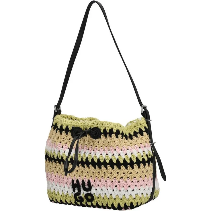 HUGO Handtasche Women Neeko CR, Beuteltasche 28 cm aus Kunstleder in Schwarz mit silbernen Akzenten und Schnürverschluss