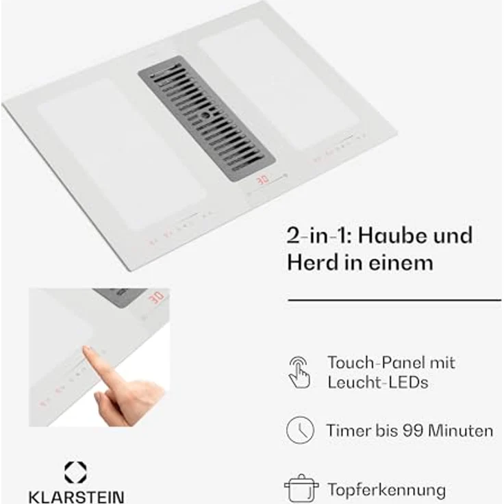 Klarstein Full House 77 DownAir System, Induktionskochfeld mit integriertem Dunstabzug, 391m³/h Luftstrom, Touch Control, Energieklasse A+ – Bild 4