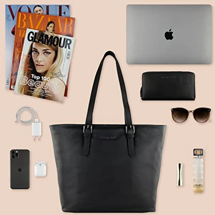 Bugatti Bella Shopper, geräumige Einkaufstasche aus Rindleder mit gepolstertem Laptopfach, schwarz – Bild 5