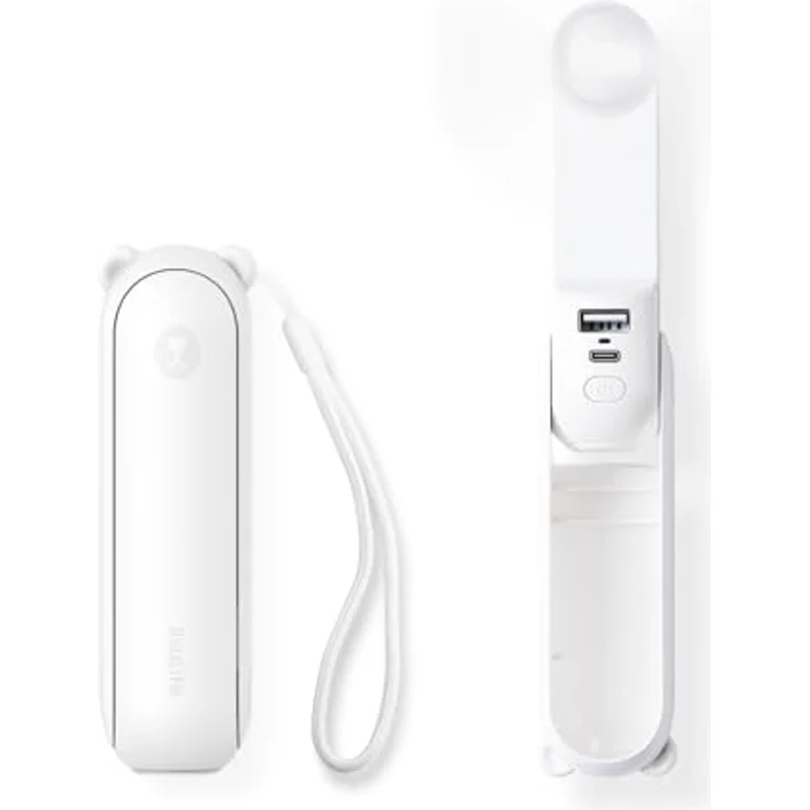 JISULIFE Mini Handventilator 3-in-1, wiederaufladbarer USB-Ventilator mit Powerbank und Taschenlampe, tragbarer Ventilator für Reisen/Sommer, weiß – Bild 1