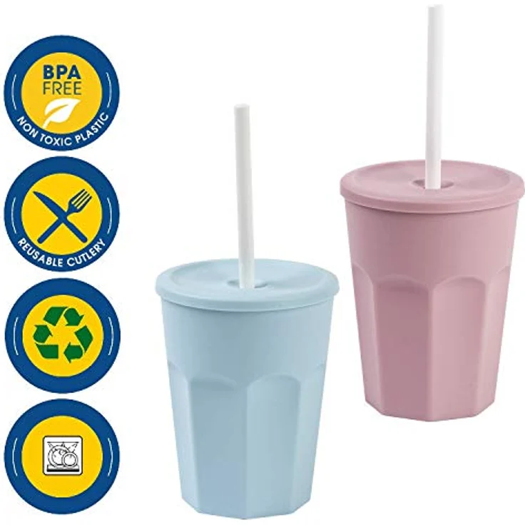 Engelland - 10x Kunststoffbecher mit Deckel Blau Rosa Trinkbecher mit Strohhalm Party-Becher Plastik Trink-Gläser Mehrweg 0,25l – Bild 2