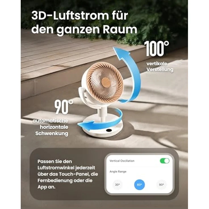 SwitchBot Standventilator mit Luftzirkulation, RGB-Beleuchtung, ultra-leise 22 dB, Fernbedienung, Matter-kompatibel, 9 Geschwindigkeiten, höhenverstellbar, 4 Modi, 9h-Timer, 9,15 m³/min Luftstrom – Bild 2