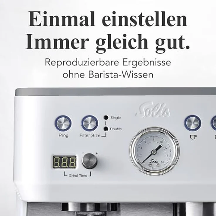 Solis Grind & Infuse Perfetta, Siebträger Kaffeemaschine 54 mm mit Milchaufschäumer und Bohnenmahlwerk, Schwarz/Silber/Weiß – Bild 3