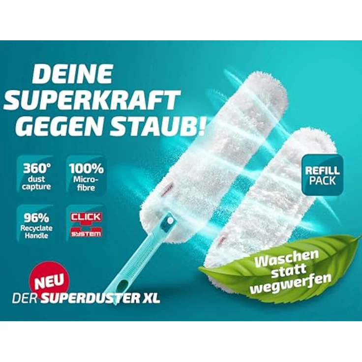 Leifheit Staubwischer SUPERDUSTER XL, waschbarer Mikrofaser Staubwedel mit 3 Ersatzbezügen, bindet Staub sicher auf großen Flächen – Bild 2