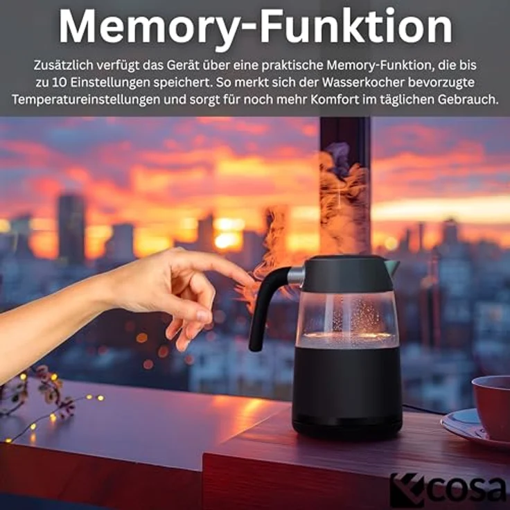 ecosa Wasserkocher EO-699, 1.7 l, 2200 W, digitales Farb-Touchdisplay, 13 Temperaturstufen, Warmhaltefunktion, Kalkfilter, Borosilikatglas – Bild 9