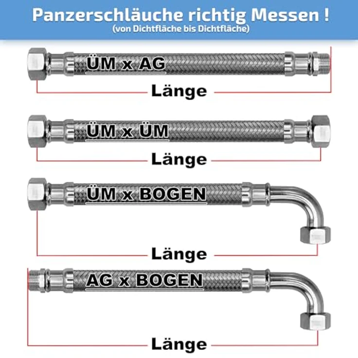 AWM Edelstahl Flexschlauch 1 Zoll Panzerschlauch Anschlußschlauch Sanitär Hauswasserwerk (1" Bogen ÜM x 1" ÜM - 60cm *33) - Edelstahl (AISI 304), Messing vernickelte Anschlüsse – Bild 5