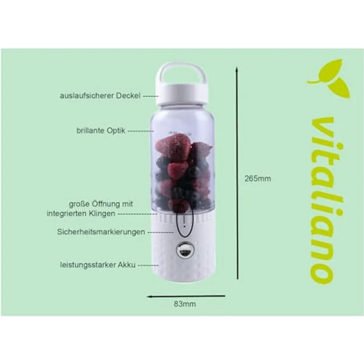 Vitaliano tragbarer Smoothie Maker to go, 500ml, wechselbare Flasche, USB, spülmaschinenfest, leichter Mixer, Standmixer, Weiss – Bild 4