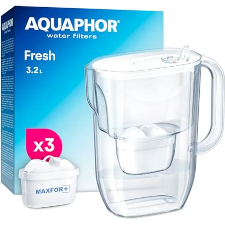 AQUAPHOR Fresh Wasserfilter Kanne 3,2 L – Mit 3 MAXFOR+ Kartuschen, reduziert Kalk & Chlor – BPA-frei und spülmaschinenfest – Weiß