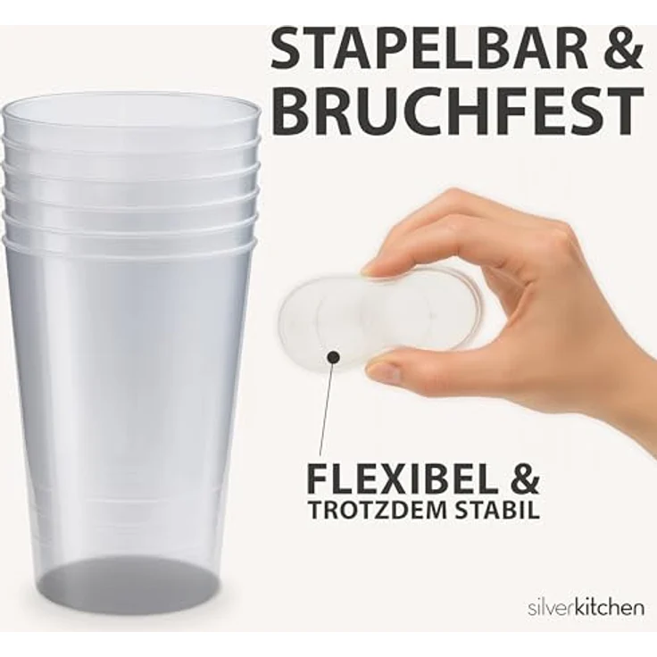 Silverkitchen 100x Mehrweg Plastikbecher 0,3 L – Stapelbare, spülmaschinenfeste Hartplastik Becher für Partys und Gastronomie, BPA-frei – Bild 4