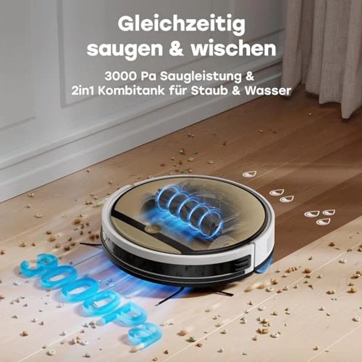 ZACO V5 Max Saugroboter mit Wischfunktion, 3000Pa Saugkraft, Alexa/App Steuerung, ideal für Tierhaare, leiser 2in1 Wischroboter, blau – Bild 2