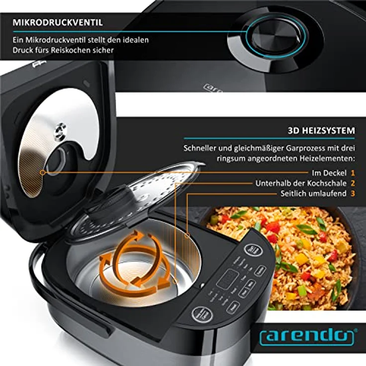 Arendo Rice Cooker 305648- Reiskocher Multikocher digital und Dampfgarer 4L – 3D Heizsystem – 8 Programme – Warmhaltefunktion – Timer – Antihaftbeschichtung - inkl. Dampfgareinsatz, Messbecher, Reislöffel, Schwarz – Bild 4