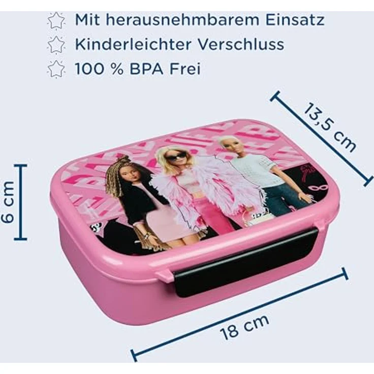 Scooli Brotzeitdose Barbie, Lunchbox mit herausnehmbarem Einsatz und viel Platz für Pausenmahlzeiten, pink – Bild 2