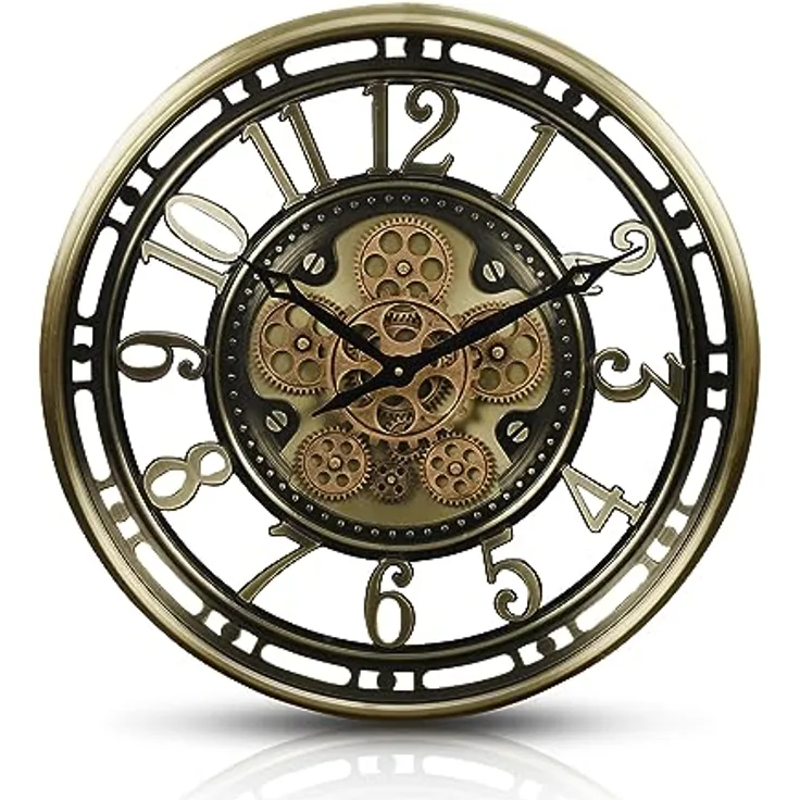 Samilito Wanduhr mit echtem Bewegungsgetriebe Zahnrädern römische oder arabische Ziffern (Gold)
