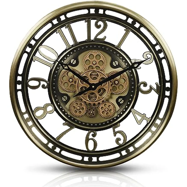 Samilito Wanduhr mit echtem Bewegungsgetriebe Zahnrädern römische oder arabische Ziffern (Gold) – Bild 1