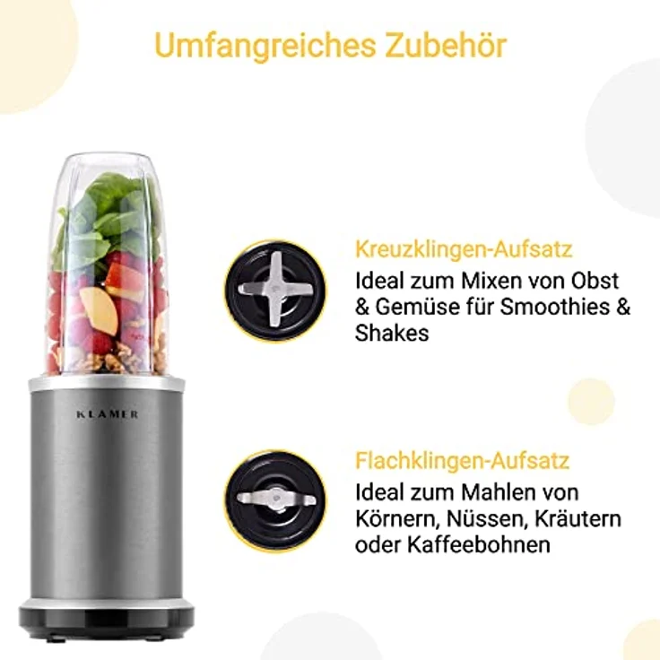 KLAMER Bullet Mixer 1000 Watt, Smoothie Maker, elektrischer Shake Mixer mit 2 Mixbehältern, 2 Klingen-Aufsätze und weiterem Zubehör – Bild 3