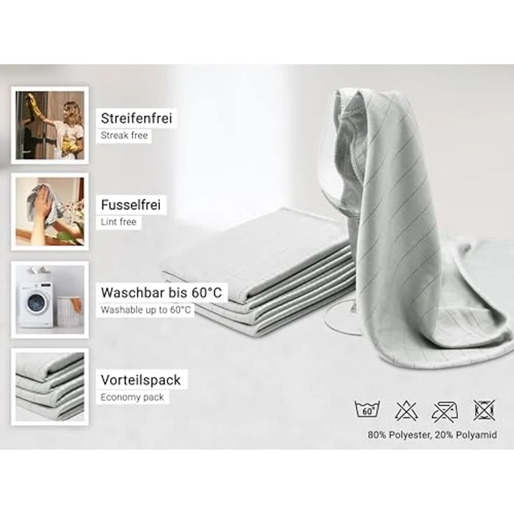 ZOLLNER 5er Set Microfaser Gläsertücher, Fenstertücher, 40x60 cm, grau – Bild 2