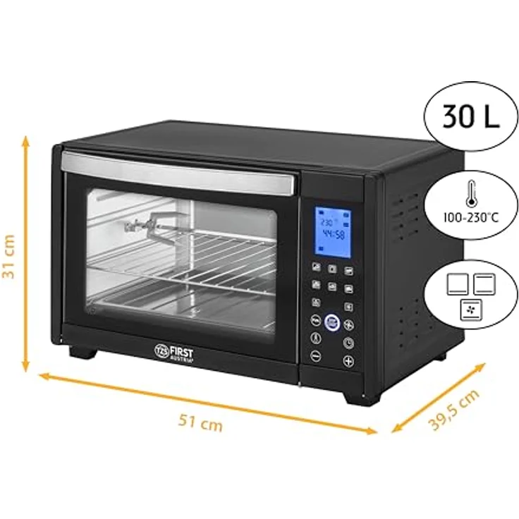 TZS First Austria Minibackofen, 30L, 1600 Watt, Digitalanzeige, kompakter Elektroofen für den Tischgebrauch, Backen & Grillen, digitales Bedienfeld, inkl. Drehspieß, in Schwarz – Bild 3