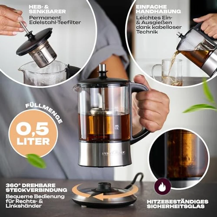 Profi Cook PC-TK 1165 1165-2 in 1-Tee-und Wasserkocher, Permanent Edelstahl-Teefilter (heb-und senkbar), 0,5 L Füllmenge, Warmhaltefunktion, Glas--Edelstahlgehäuse, Schwarz-Silber – Bild 6