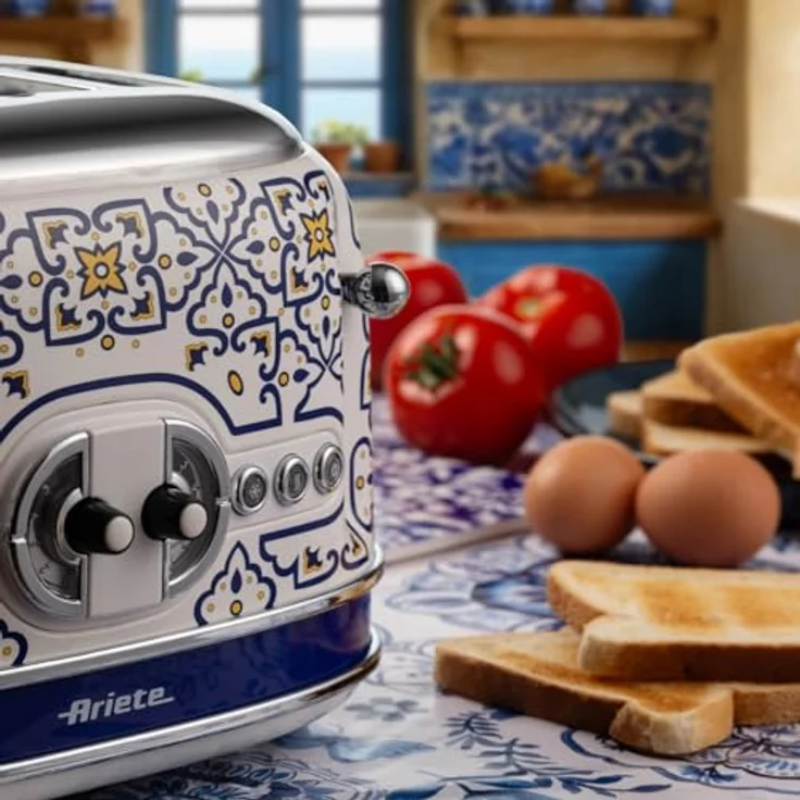 Ariete 156 Capri-Toaster, 1630 W, 4 Scheiben, 6 Bräunungsstufen, Krümelschublade, Defrost-Funktion, automatischer Auswurf, weiß und blau – Bild 5