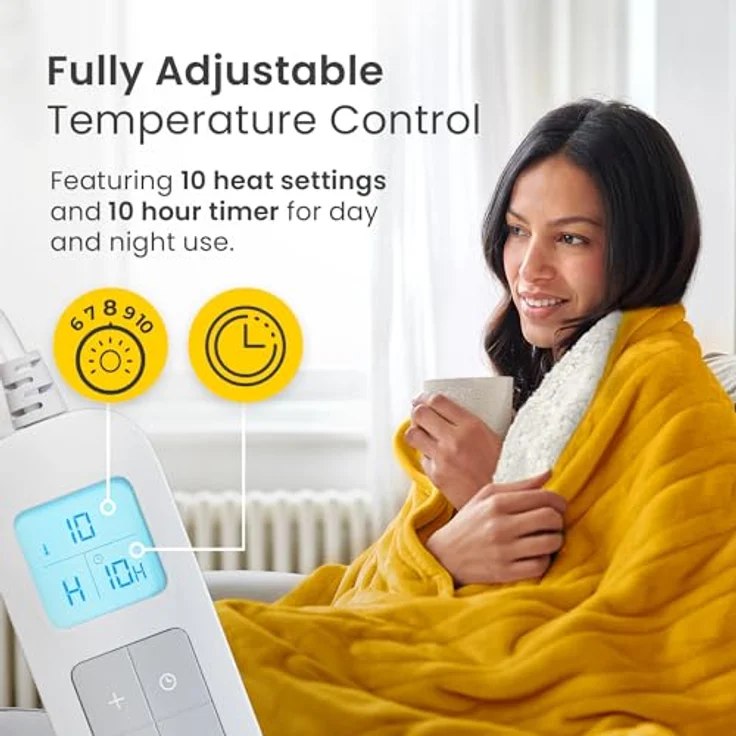 Cosi Home Heizdecke 180x130 cm - Elektrische Wärmedecke mit Abschaltautomatik, Überhitzungsschutz, Waschbar, Kuscheliges Sherpa & Fleece, 10 Heizstufen mit digitaler Fernbedienung - Senfgelb – Bild 4