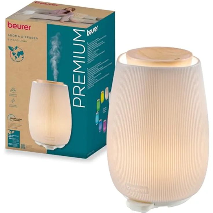 Beurer Aroma Diffuser, elegantes Design aus Holz und Keramik mit dimmbarem LED-Licht, 140 ml, geräuscharm, Abschaltautomatik