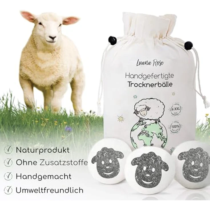 Luana Rose Trocknerbälle, 100% Schafwolle, Öko-freundlich, Set mit 6 Stück, hypoallergen, effizient für Daunen und allergikerfreundlich – Bild 5