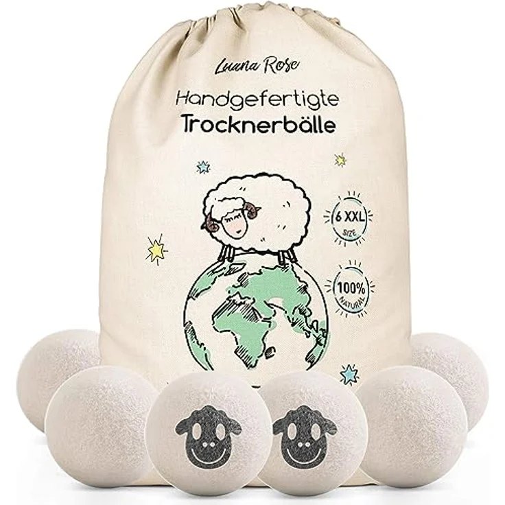 Luana Rose Trocknerbälle, 100% Schafwolle, Öko-freundlich, Set mit 6 Stück, hypoallergen, effizient für Daunen und allergikerfreundlich – Bild 1